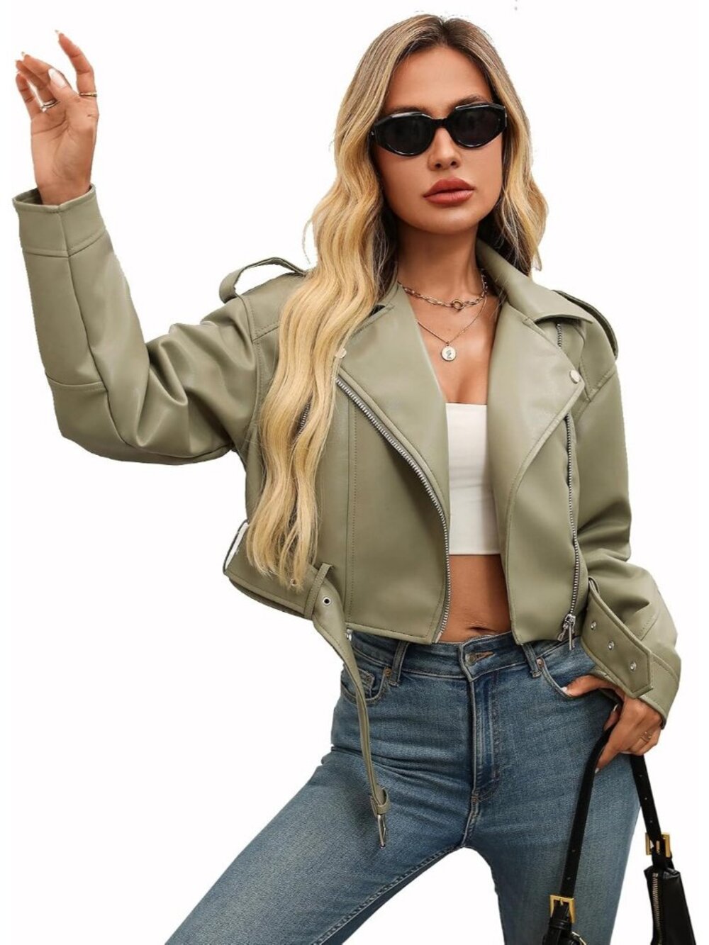Women Light Green Faux Leather Minimalist ZipUp Cropped Belted Moto Biker Jacket